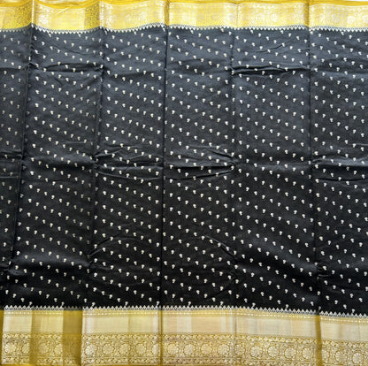 Black Chiniya Silk Saree with Gold Zari Border - Pure Handloom | Silk Mark Certified - Sampradaya Designer Studio