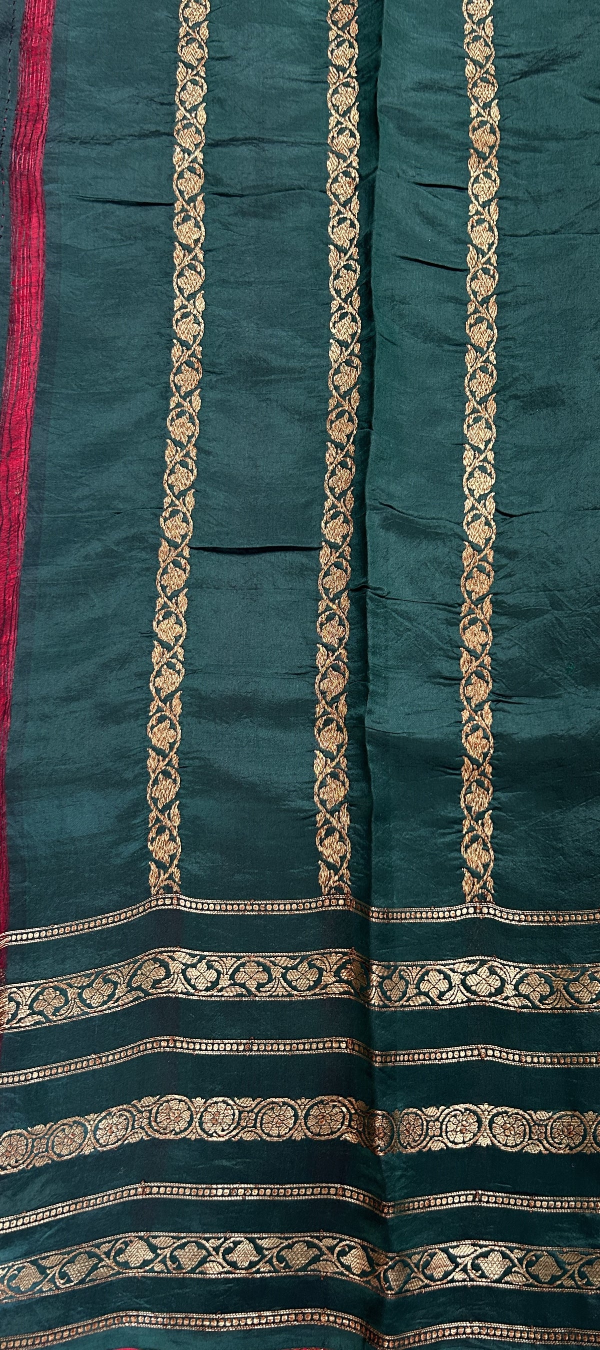 Raw Mango or Pooniya Silk Saree Red Colored Complemented With a Zari Gap Border - Sampradaya Designer Studio
