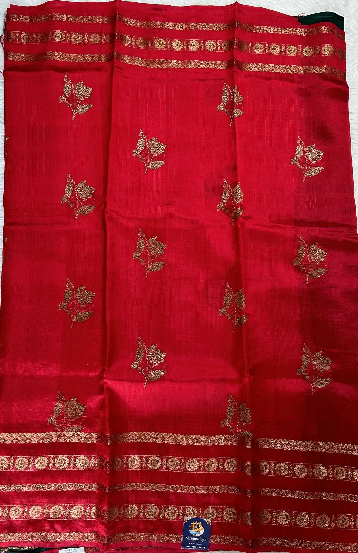 Raw Mango or Pooniya Silk Saree Red Colored Complemented With a Zari Gap Border - Sampradaya Designer Studio