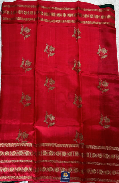 Raw Mango or Pooniya Silk Saree Red Colored Complemented With a Zari Gap Border - Sampradaya Designer Studio