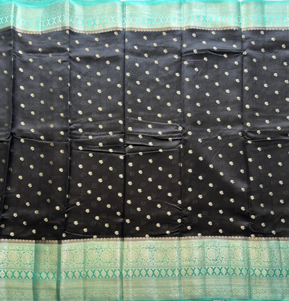 Black Chiniya Silk Saree with Gold Zari Border - Pure Handloom | Silk Mark Certified - Sampradaya Designer Studio