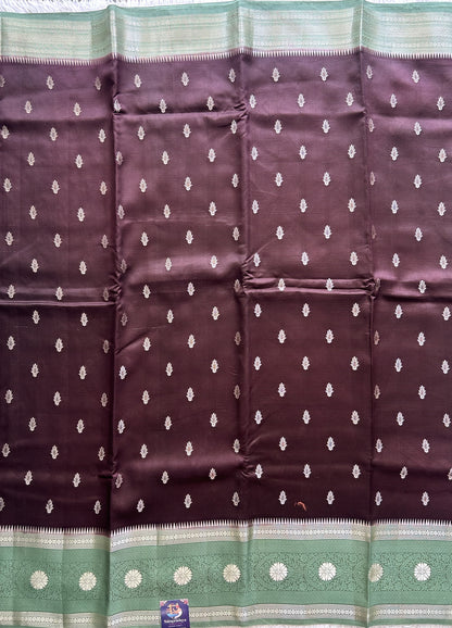 Brown Chiniya Silk Saree with Gold Zari Border - Pure Handloom | Silk Mark Certified - Sampradaya Designer Studio