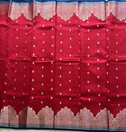 Reddish Pink Chiniya Silk Saree with Gold Zari Border - Pure Handloom | Silk Mark Certified - Sampradaya Designer Studio