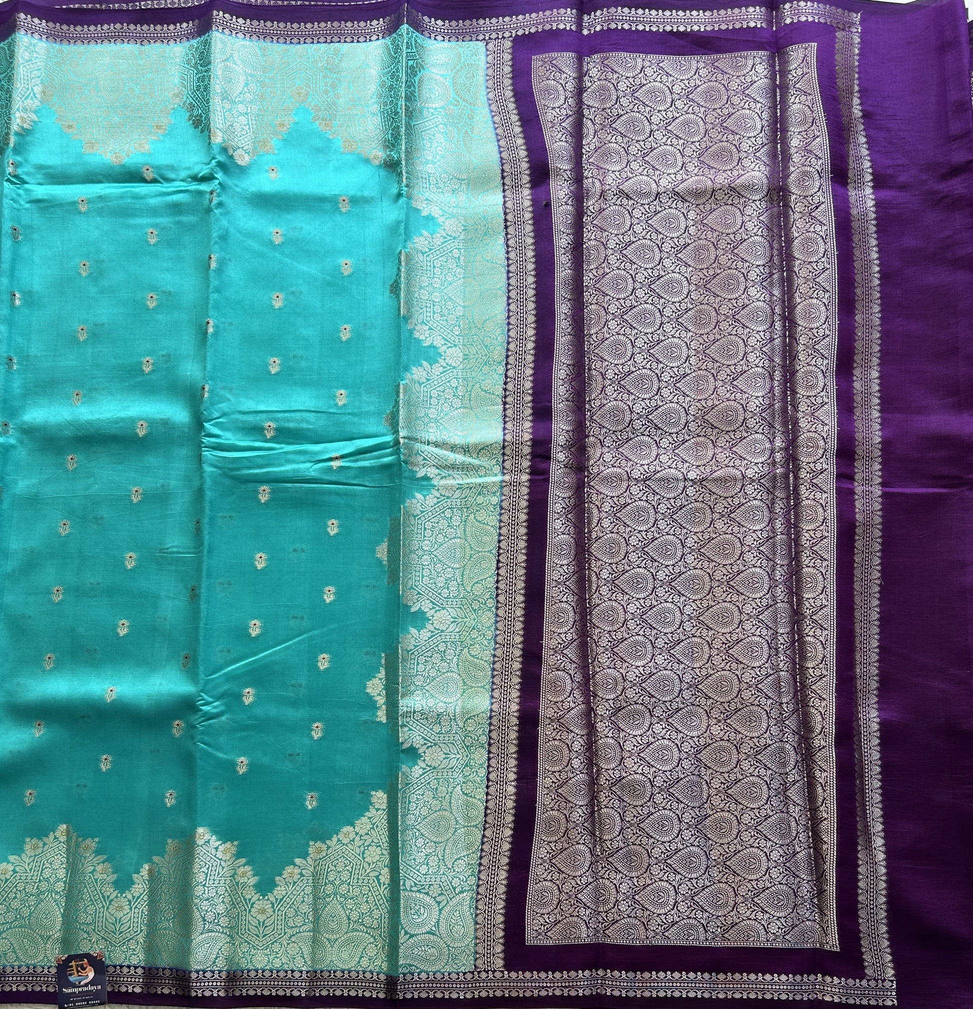 Blue Chiniya Silk Saree with Gold Zari Border - Pure Handloom | Silk Mark Certified - Sampradaya Designer Studio