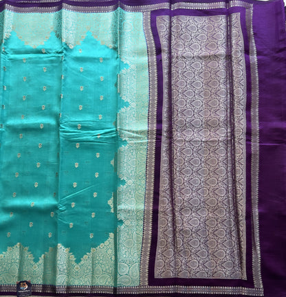 Blue Chiniya Silk Saree with Gold Zari Border - Pure Handloom | Silk Mark Certified