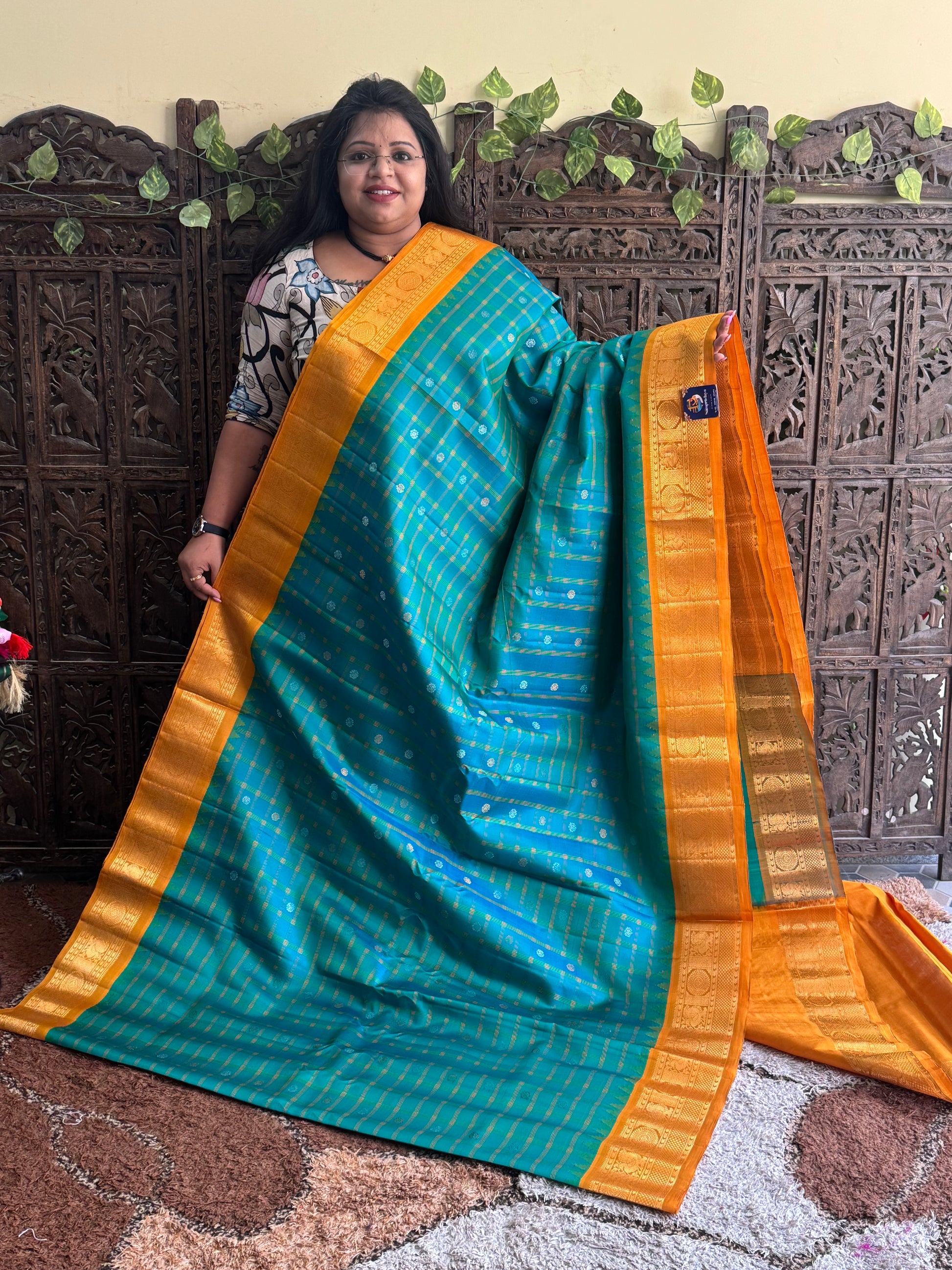 Green Gadwal Silk Saree with Gold Zari Border — Pure Handloom | Silk Mark Certified - Sampradaya Designer Studio