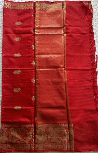 Silk kota Saree Red colored Complemented with a Zari Border. - Sampradaya Designer Studio
