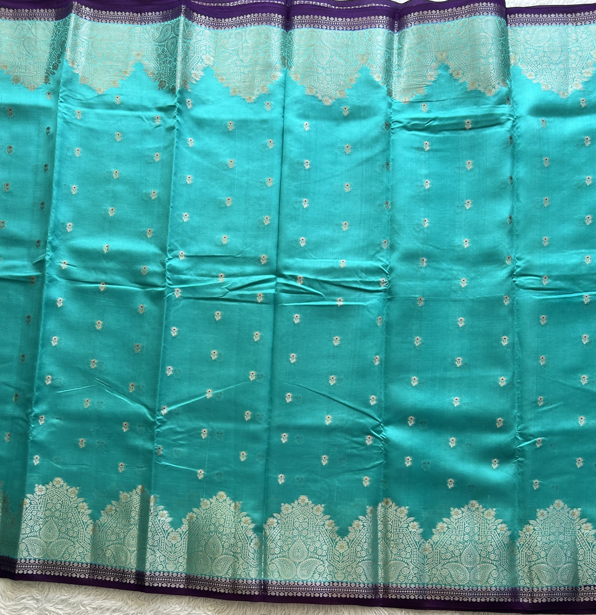 Blue Chiniya Silk Saree with Gold Zari Border - Pure Handloom | Silk Mark Certified - Sampradaya Designer Studio