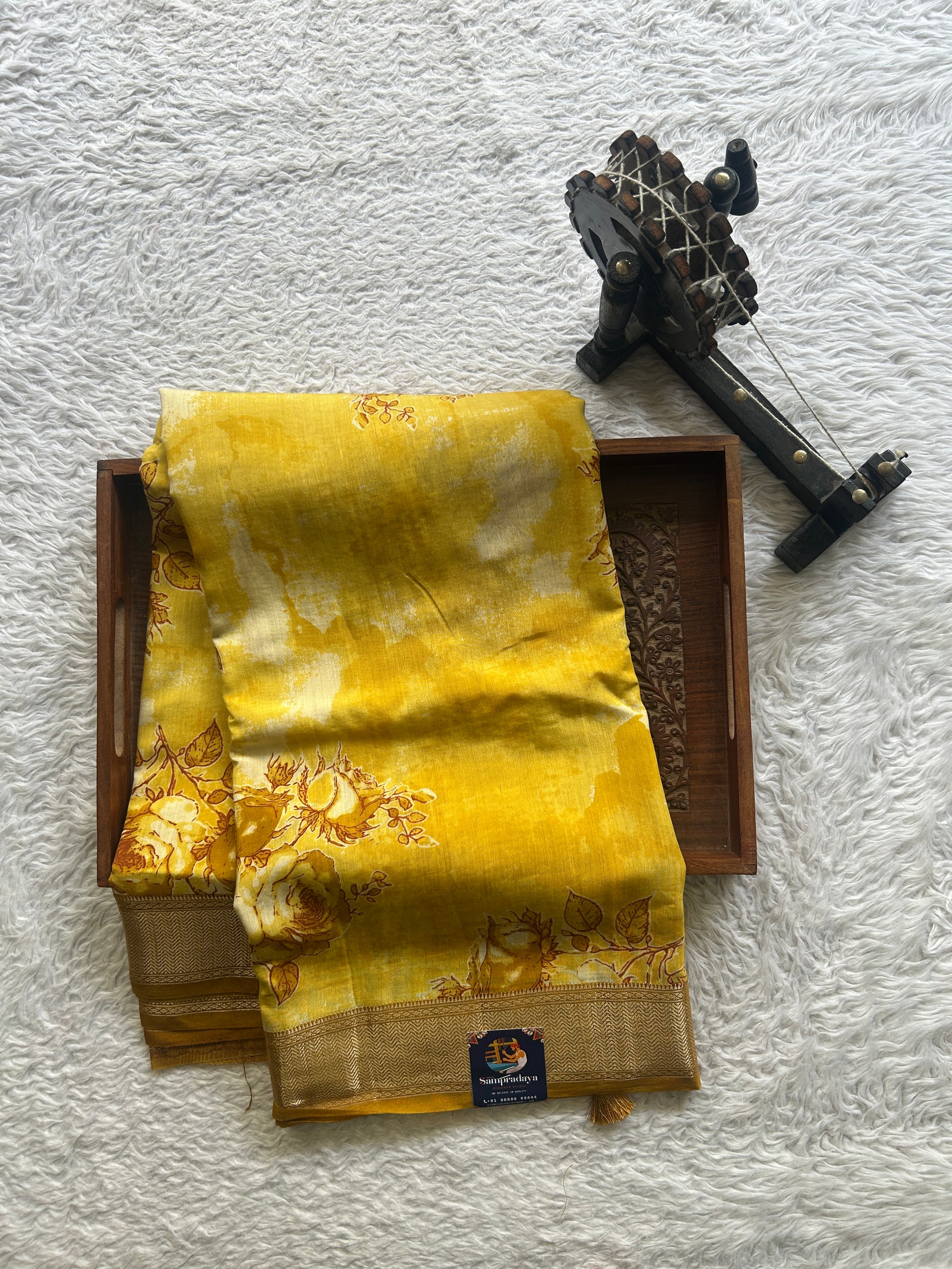 Dola Crepe Saree Yellow Colored Elegantly Paired with a Zari Border. - Sampradaya Designer Studio