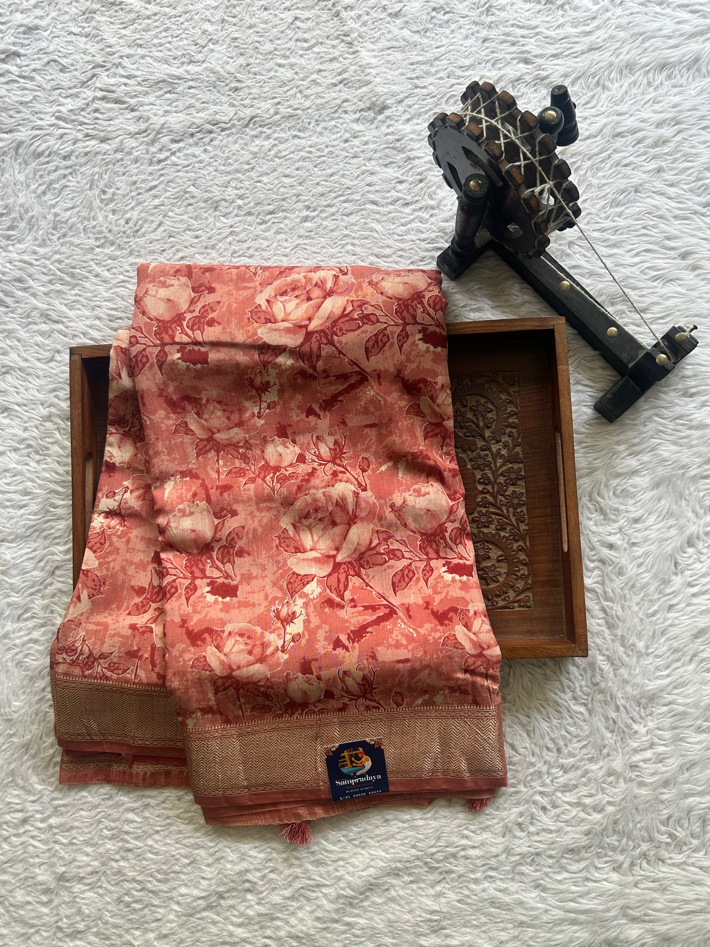 Dola Crepe Saree Light Brick Colored Elegantly Paired with a Zari Border. - Sampradaya Designer Studio