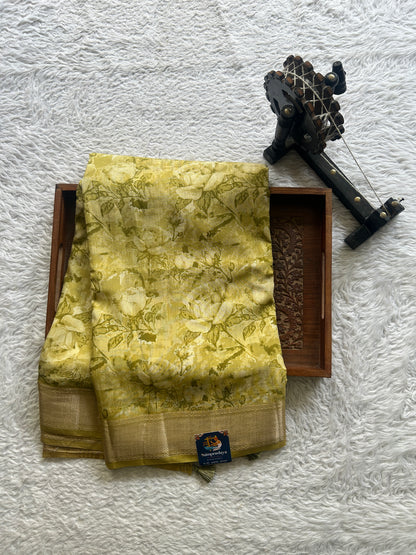 Dola Crepe Saree Light Mustard Colored Elegantly Paired with a Zari Border. - Sampradaya Designer Studio