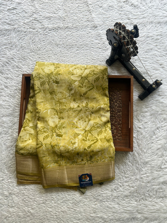 Dola Crepe Saree Light Mustard Colored Elegantly Paired with a Zari Border. - Sampradaya Designer Studio