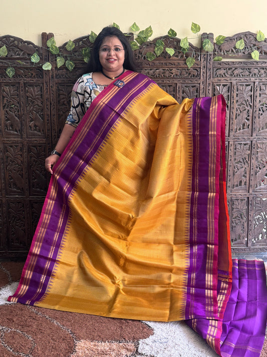 Yellow Gadwal Silk Saree with Gold Zari Border — Pure Handloom | Silk Mark Certified