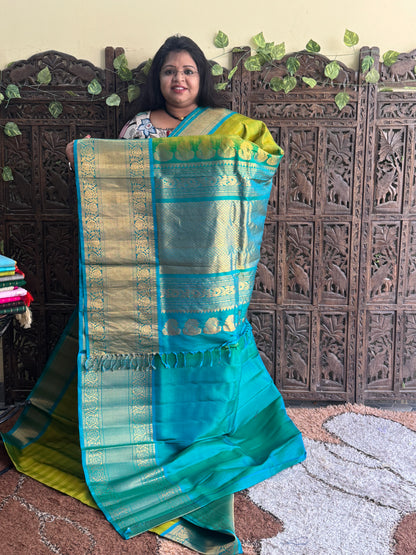 Green Gadwal Silk Saree with Gold Zari Border — Pure Handloom | Silk Mark Certified