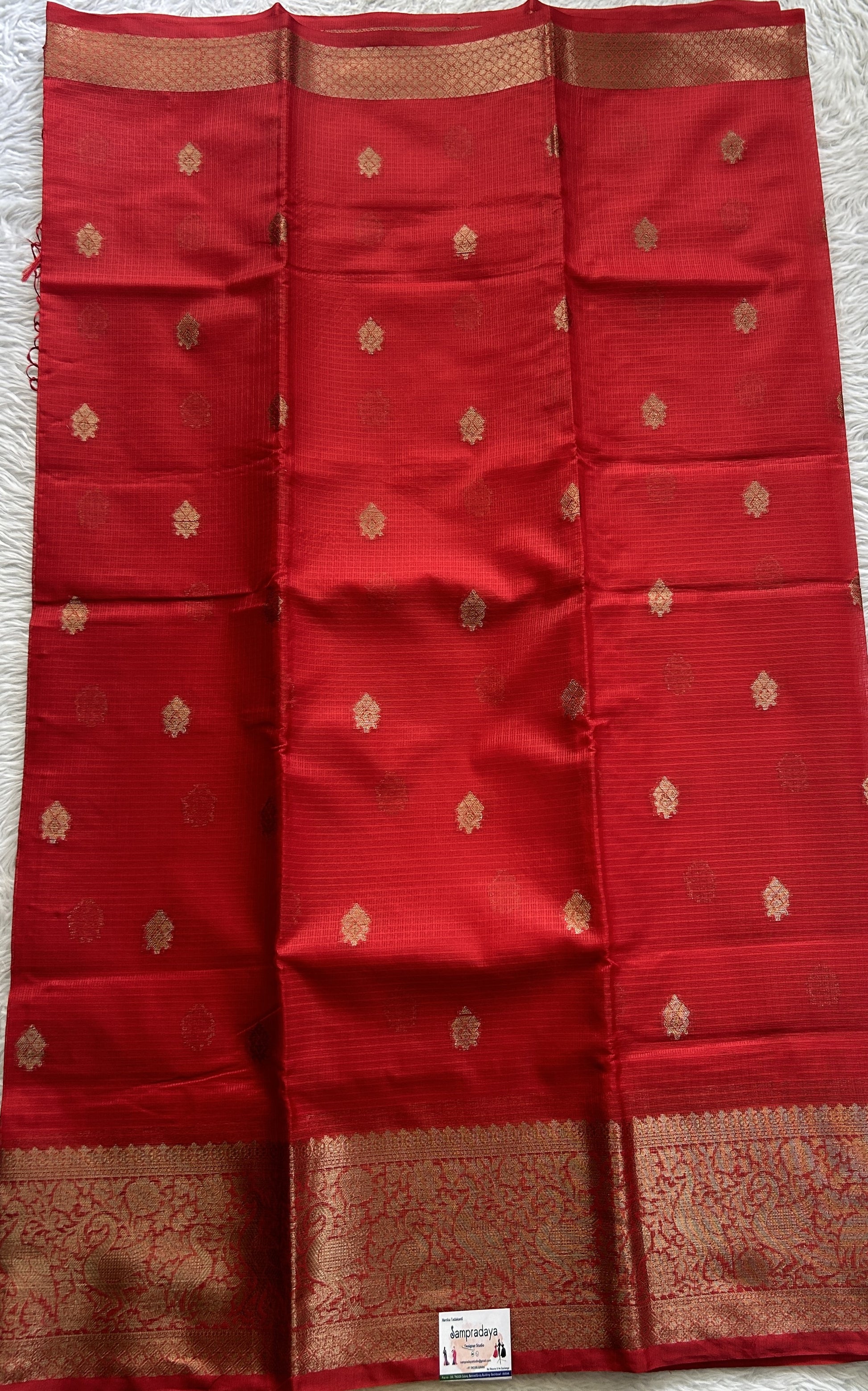 Silk kota Saree Red colored Complemented with a Zari Border. - Sampradaya Designer Studio