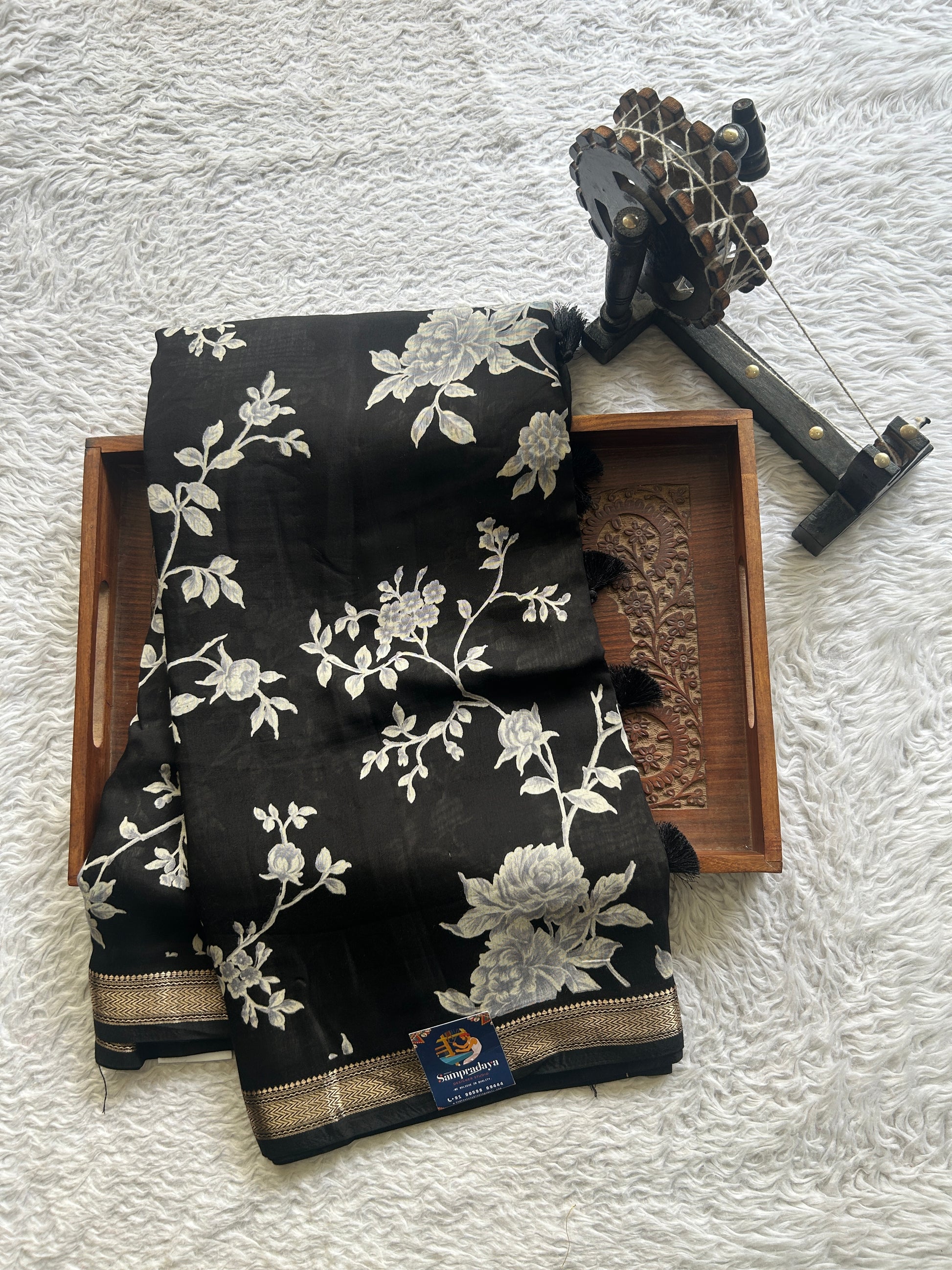 Dola Crepe Saree Black Colored Elegantly Paired with a Zari Border. - Sampradaya Designer Studio