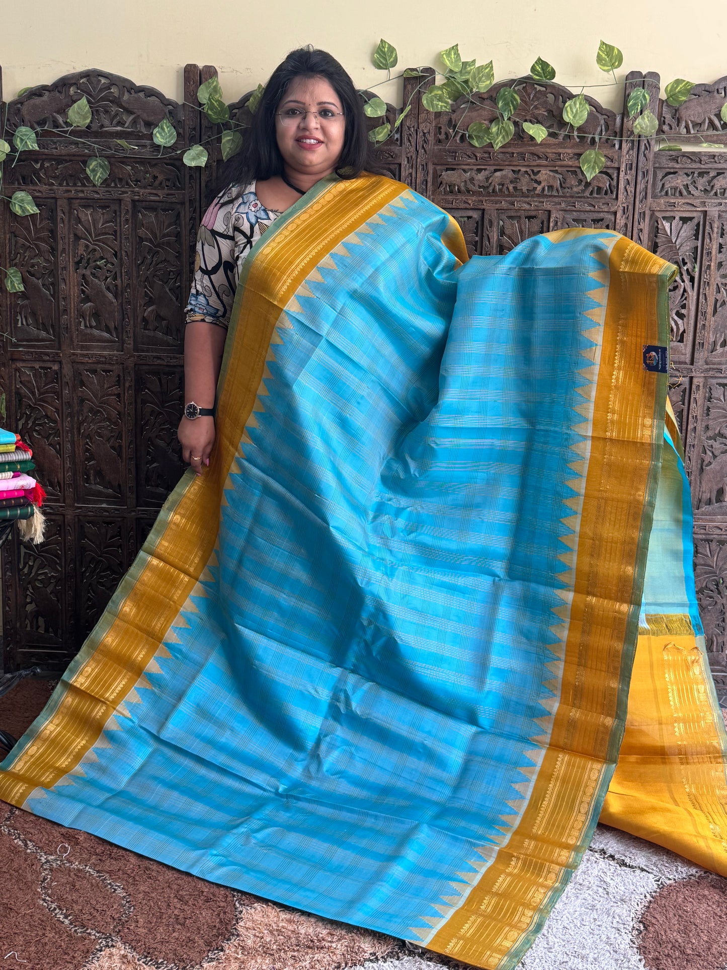 Ice Blue Gadwal Silk Saree with Gold Zari Border — Pure Handloom | Silk Mark Certified