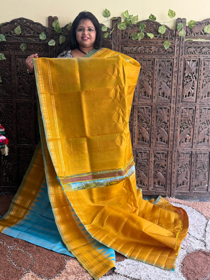 Ice Blue Gadwal Silk Saree with Gold Zari Border — Pure Handloom | Silk Mark Certified