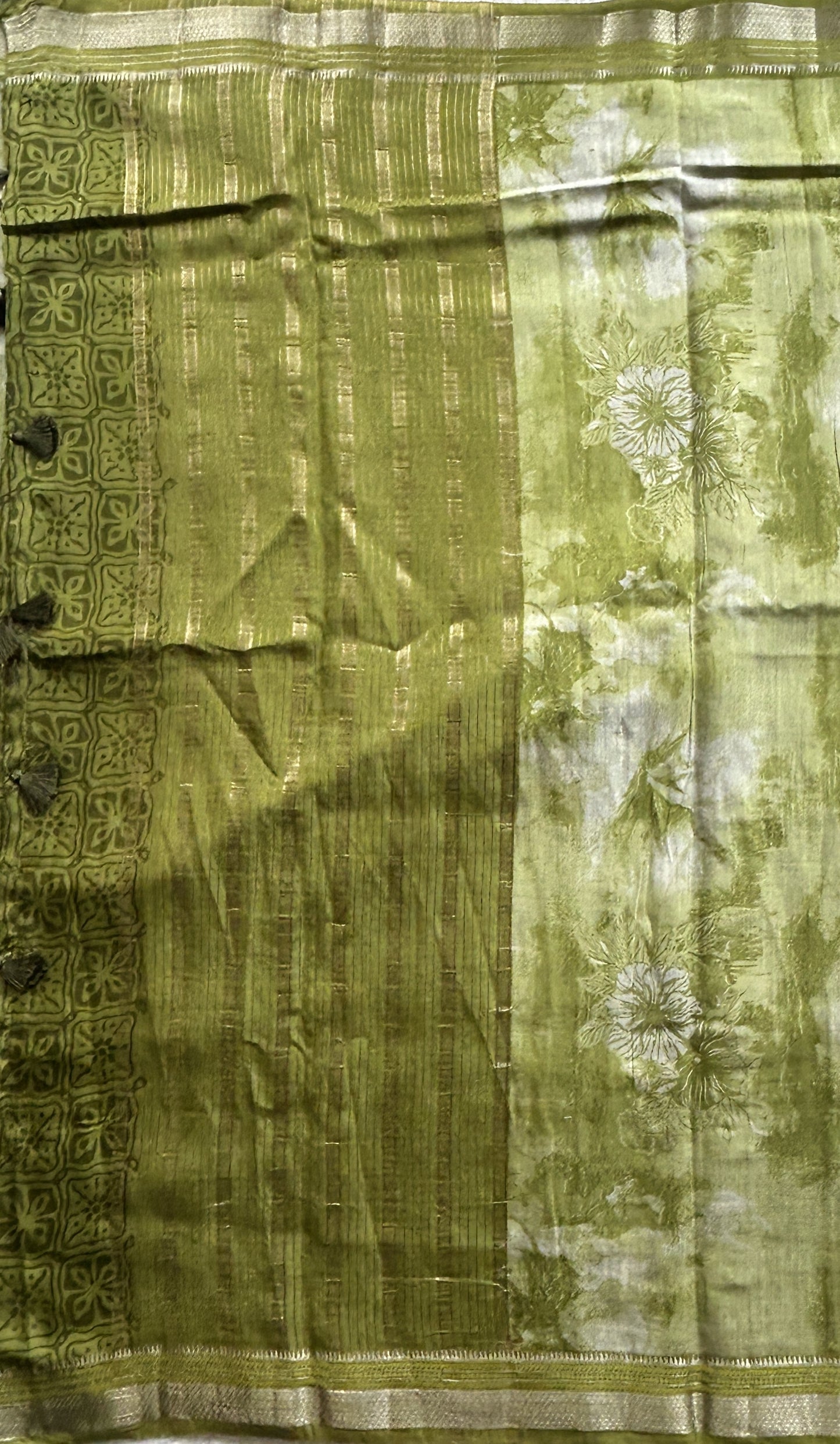Dola Crepe Saree Leaf Green Colored Elegantly Paired with a Zari Border. - Sampradaya Designer Studio