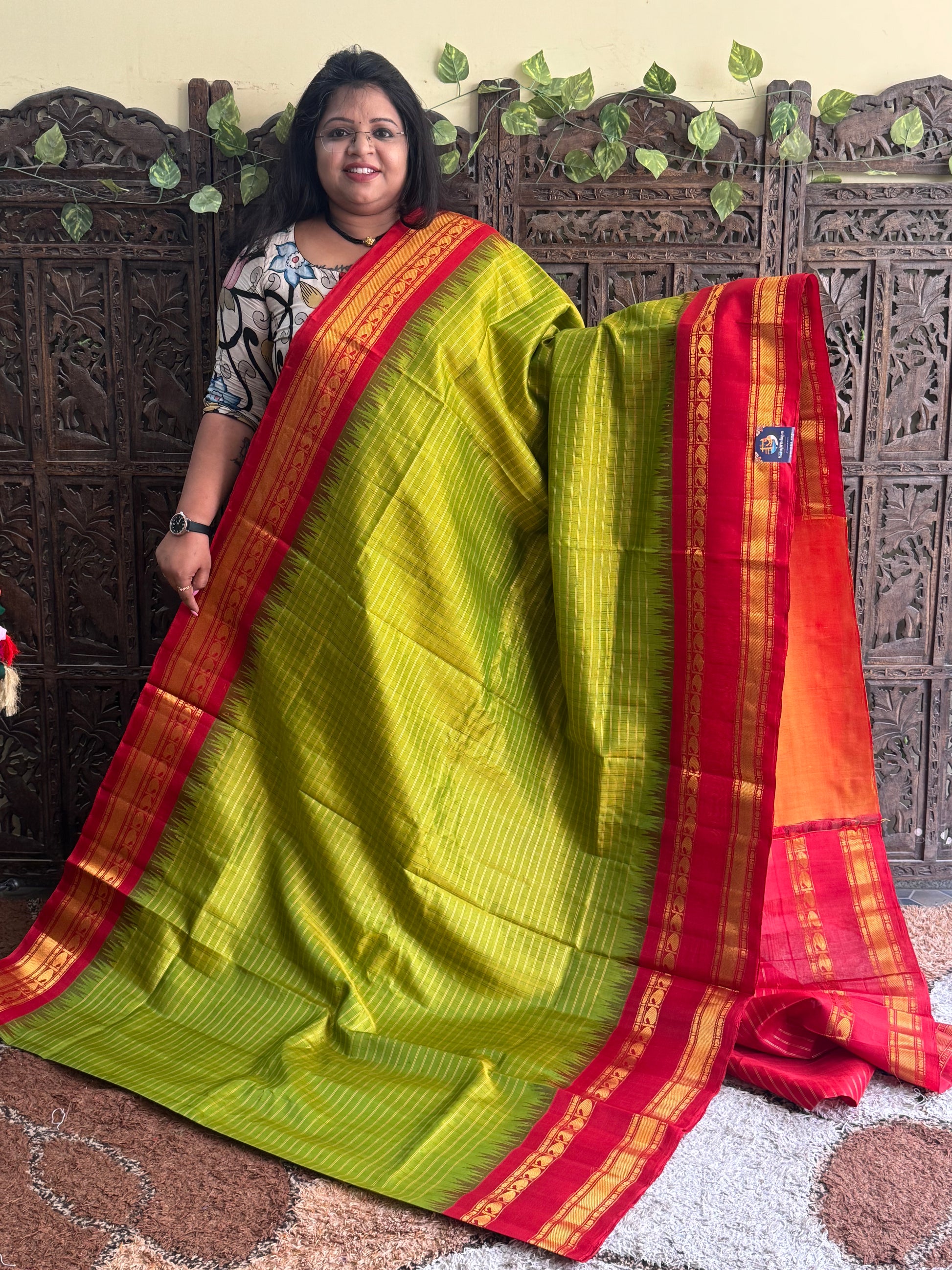 Green Gadwal Silk Saree with Gold Zari Border — Pure Handloom | Silk Mark Certified - Sampradaya Designer Studio