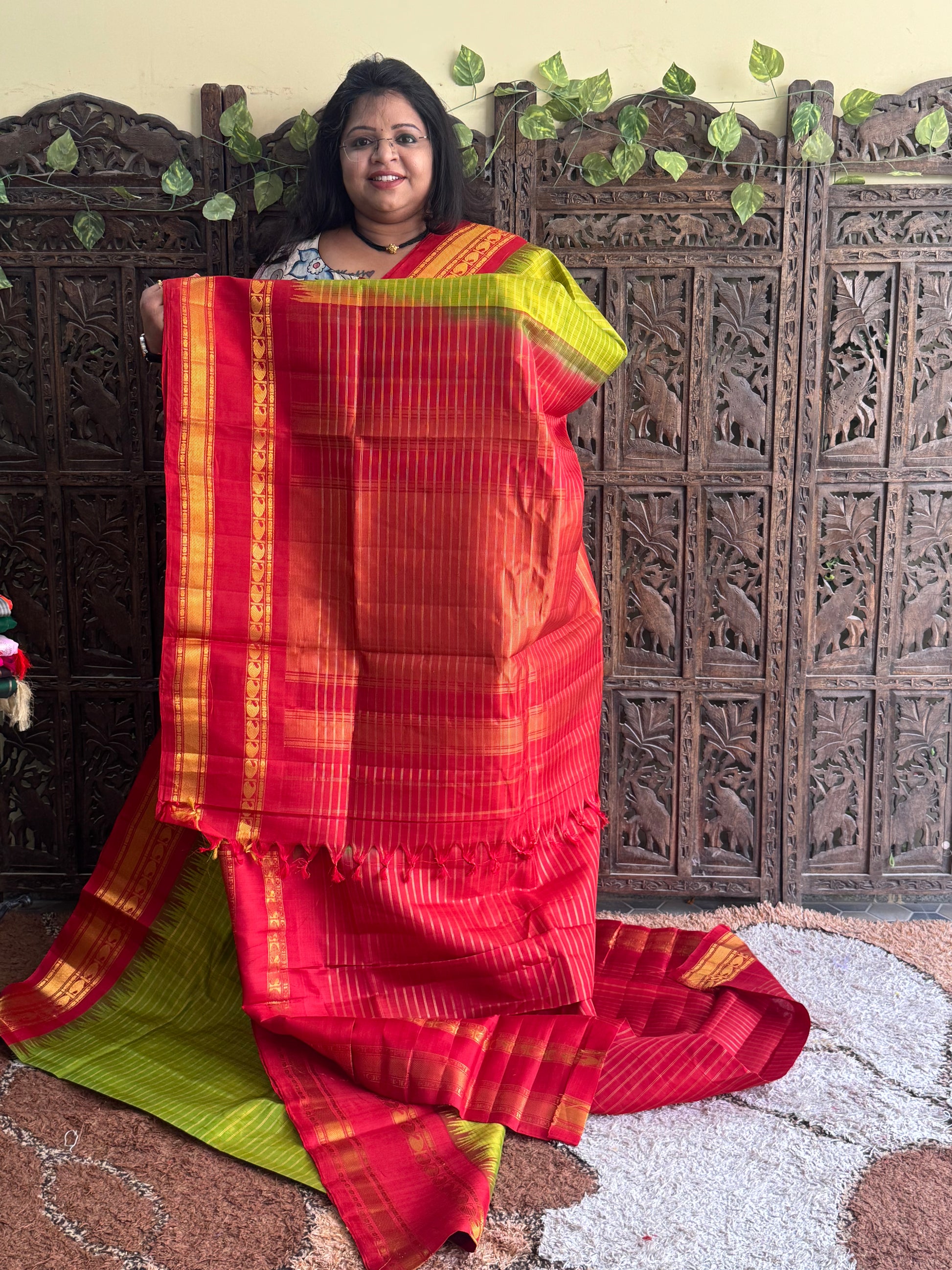 Green Gadwal Silk Saree with Gold Zari Border — Pure Handloom | Silk Mark Certified - Sampradaya Designer Studio
