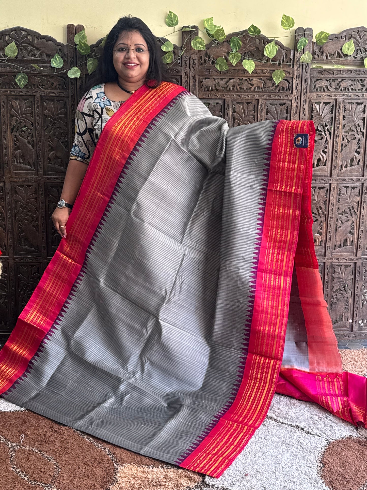 Gray Gadwal Silk Saree with Gold Zari Border — Pure Handloom | Silk Mark Certified