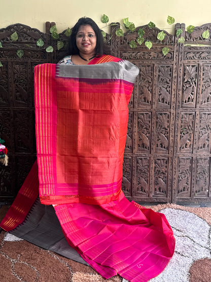 Gray Gadwal Silk Saree with Gold Zari Border — Pure Handloom | Silk Mark Certified