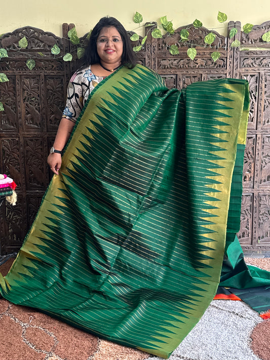 Green Gadwal Silk Saree with Gold Zari Border — Pure Handloom | Silk Mark Certified