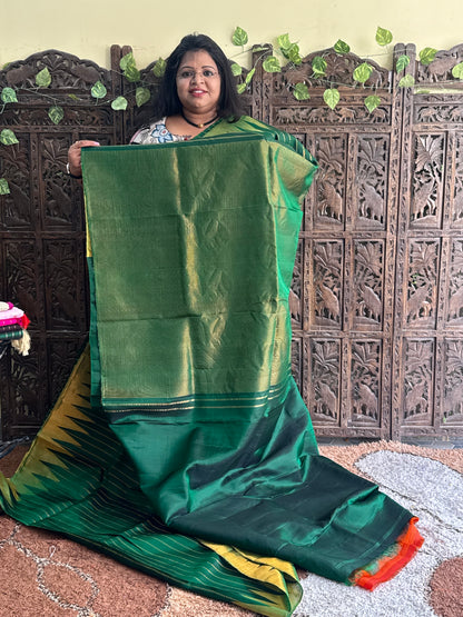 Green Gadwal Silk Saree with Gold Zari Border — Pure Handloom | Silk Mark Certified