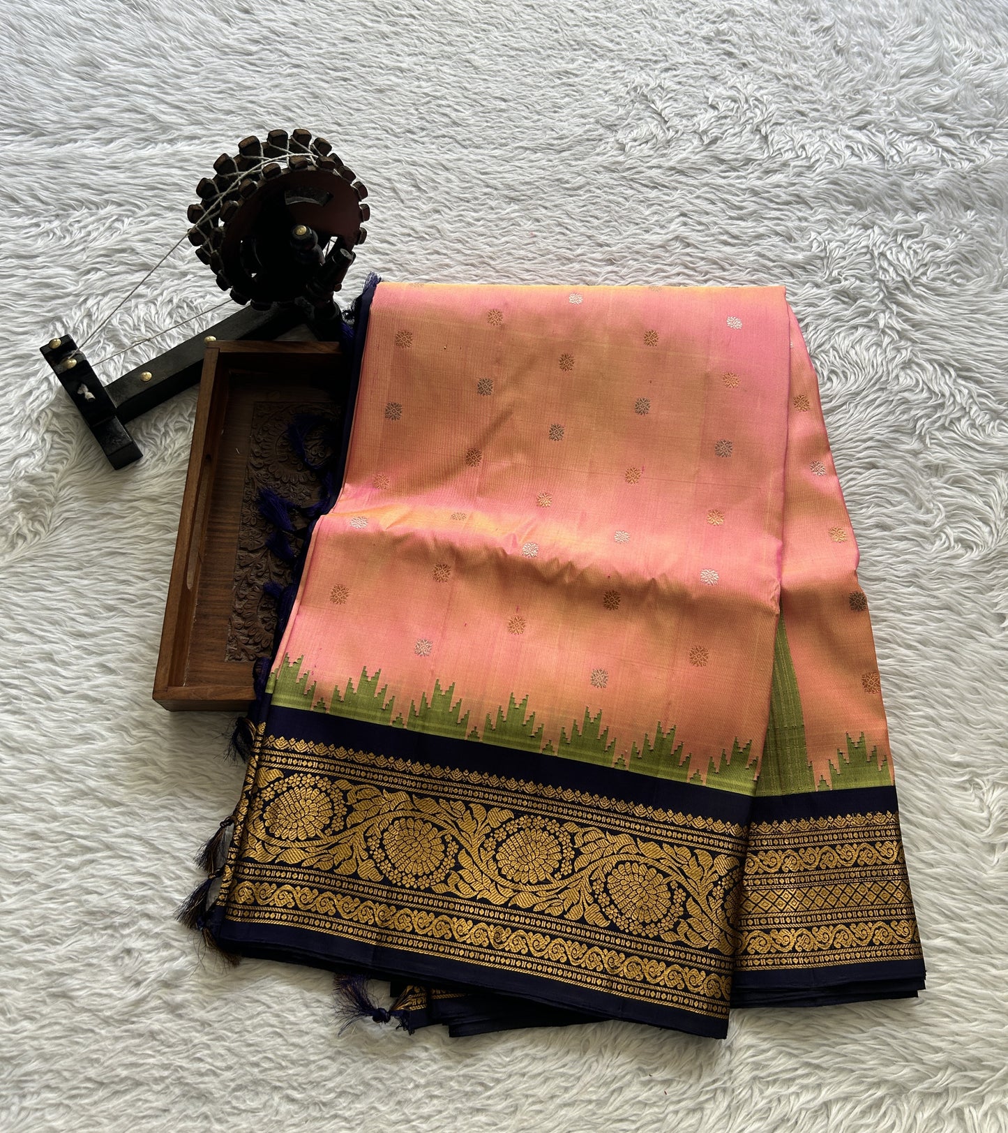 Gadwal Silk Saree Peach Colored Complemented With a Ink Blue Color Zari Border - Sampradaya Designer Studio