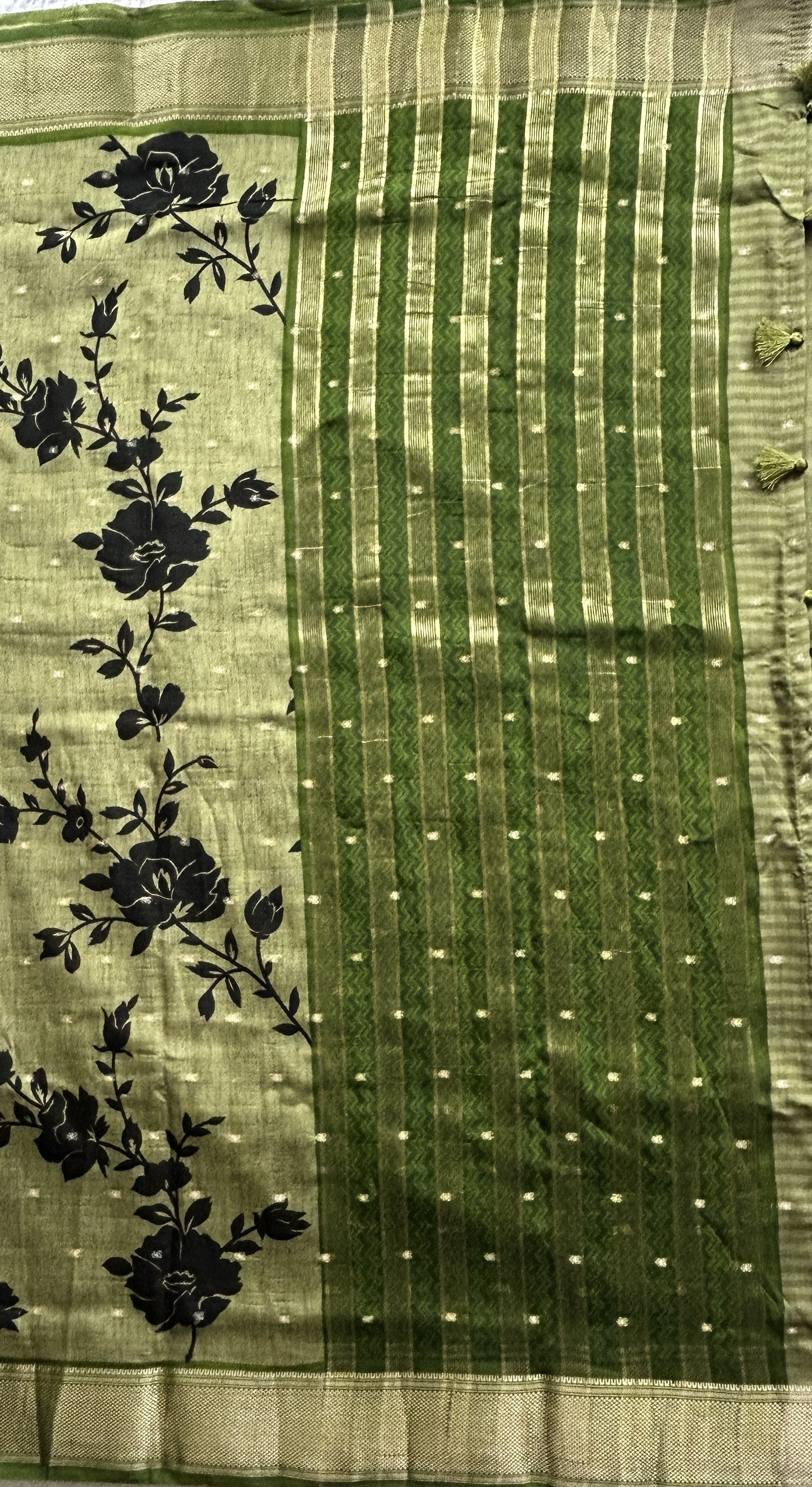 Dola Crepe Saree Mehndi Green Colored Elegantly Paired with a Zari Border. - Sampradaya Designer Studio