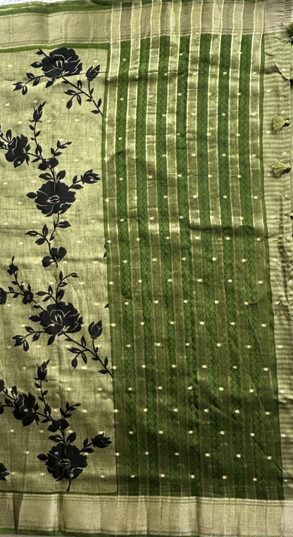 Dola Crepe Saree Mehndi Green Colored Elegantly Paired with a Zari Border. - Sampradaya Designer Studio
