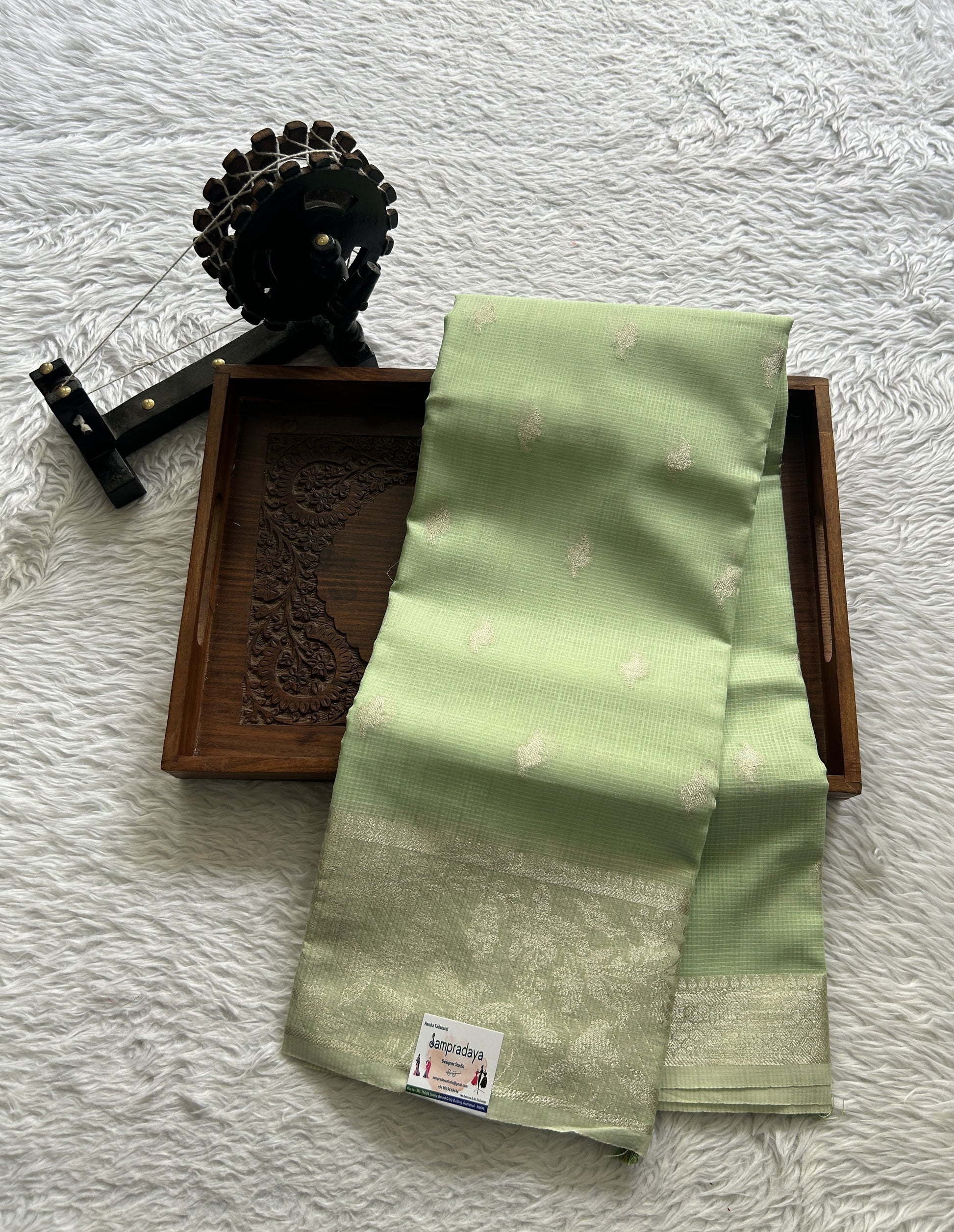 Silk kota Saree Light Green colored Complemented with a Zari Border. - Sampradaya Designer Studio