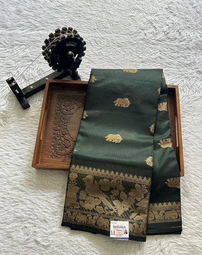 Silk kota Saree Bottle Green colored Complemented with a Zari Border. - Sampradaya Designer Studio