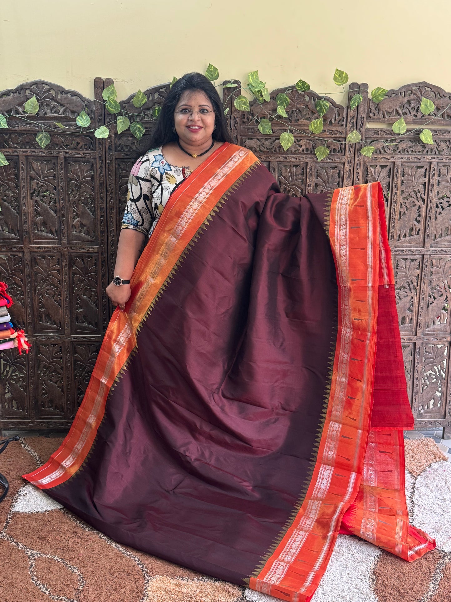 Brown Gadwal Silk Saree with Gold Zari Border — Pure Handloom | Silk Mark Certified