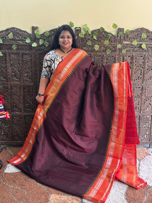 Brown Gadwal Silk Saree with Gold Zari Border — Pure Handloom | Silk Mark Certified