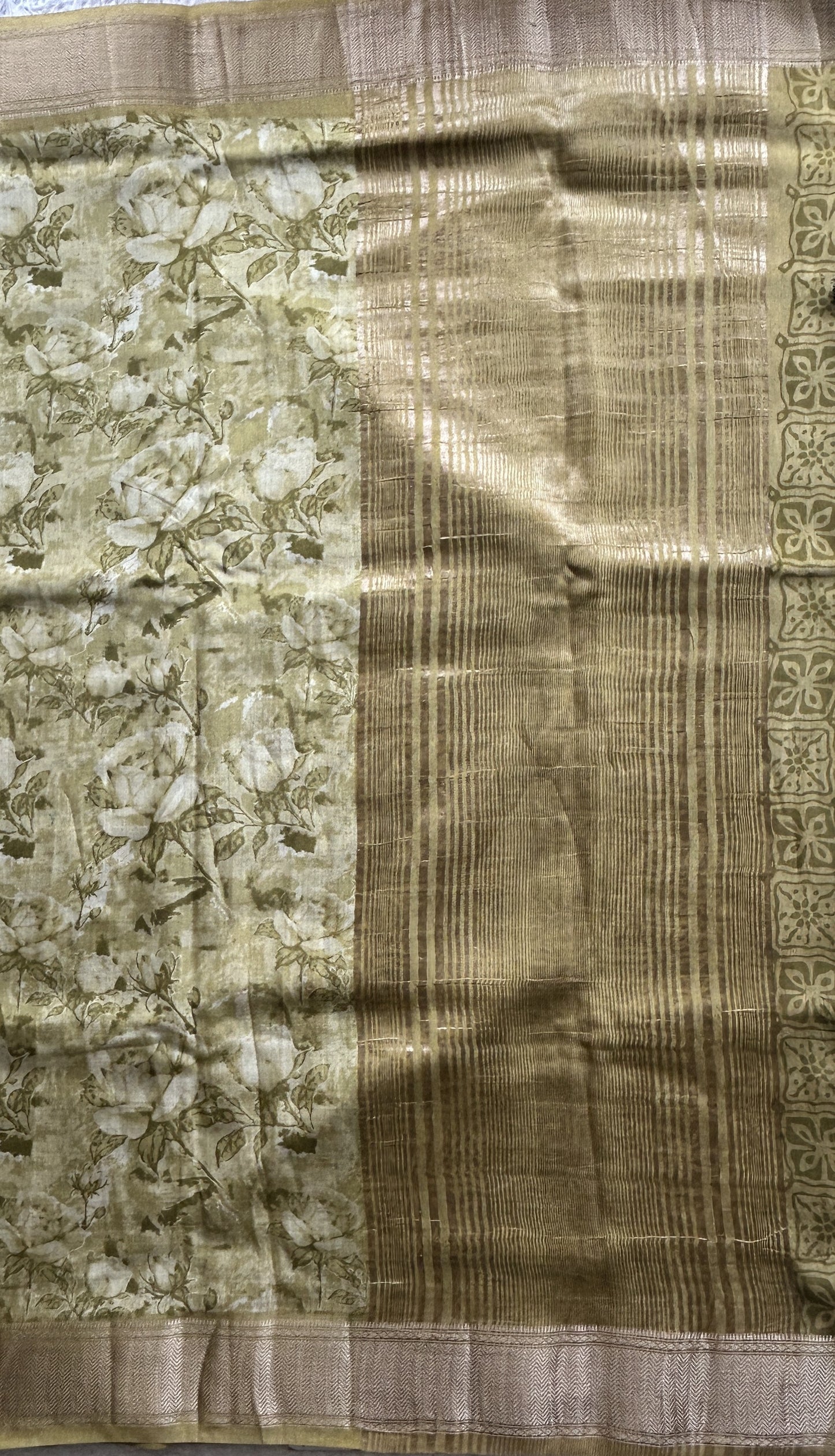 Dola Crepe Saree Light Mustard Colored Elegantly Paired with a Zari Border. - Sampradaya Designer Studio