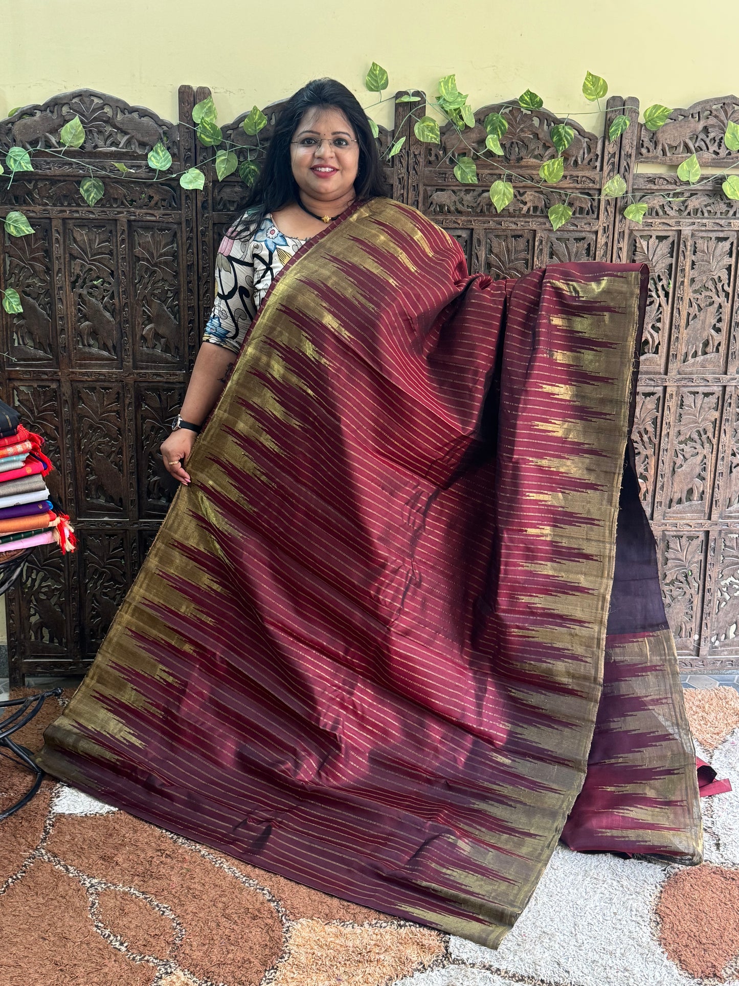 Maroon Gadwal Silk Saree with Gold Zari Border — Pure Handloom | Silk Mark Certified
