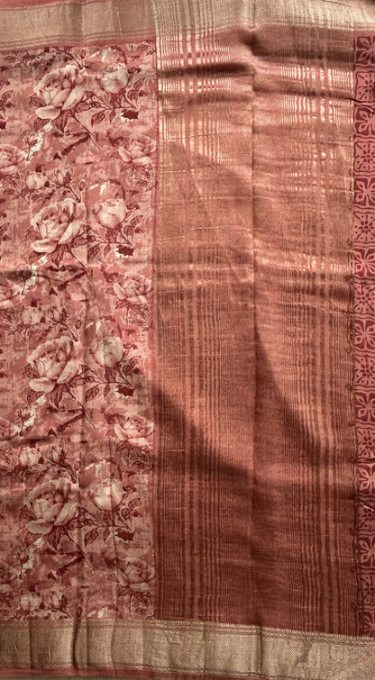 Dola Crepe Saree Light Brick Colored Elegantly Paired with a Zari Border. - Sampradaya Designer Studio