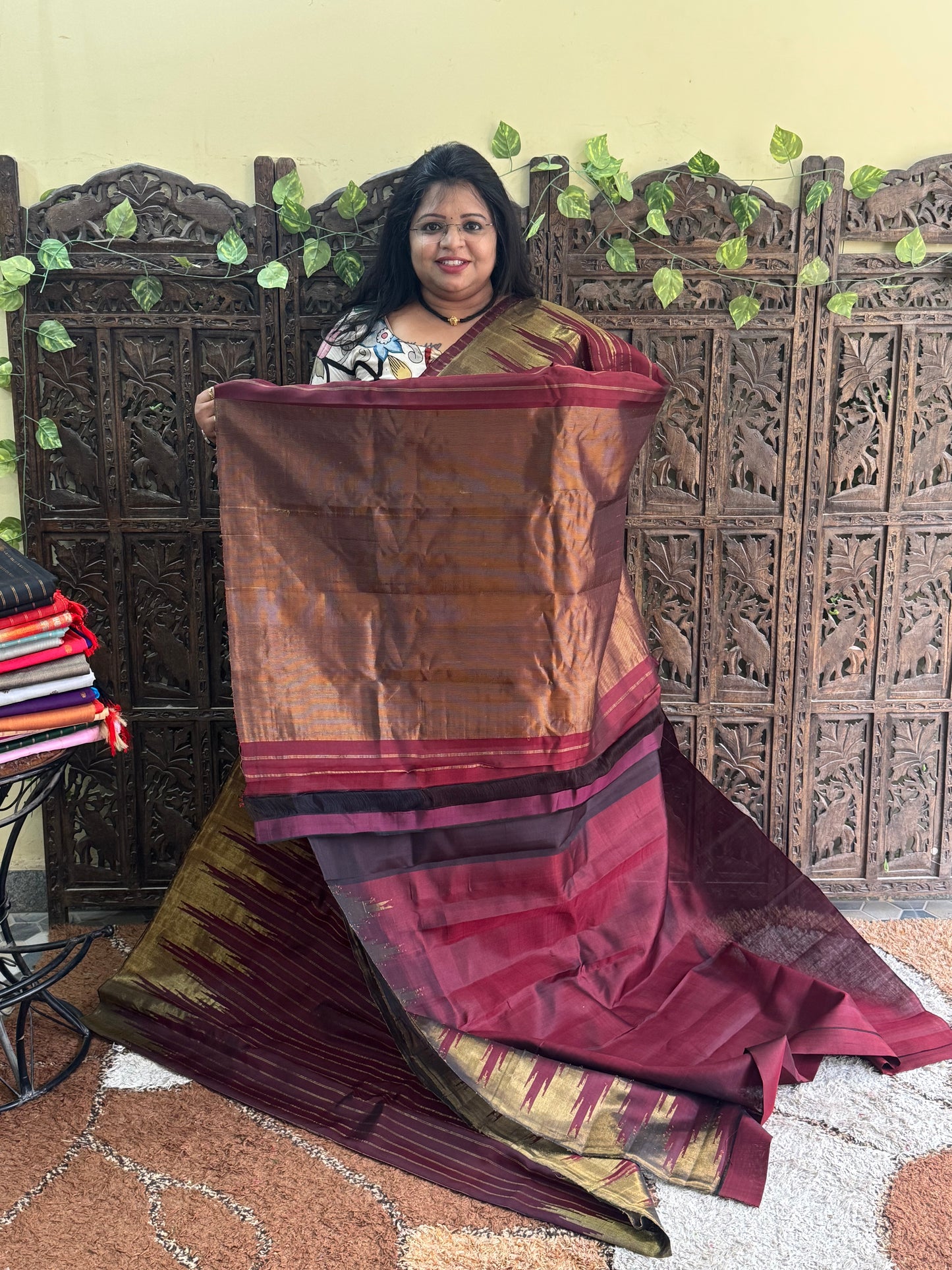 Maroon Gadwal Silk Saree with Gold Zari Border — Pure Handloom | Silk Mark Certified