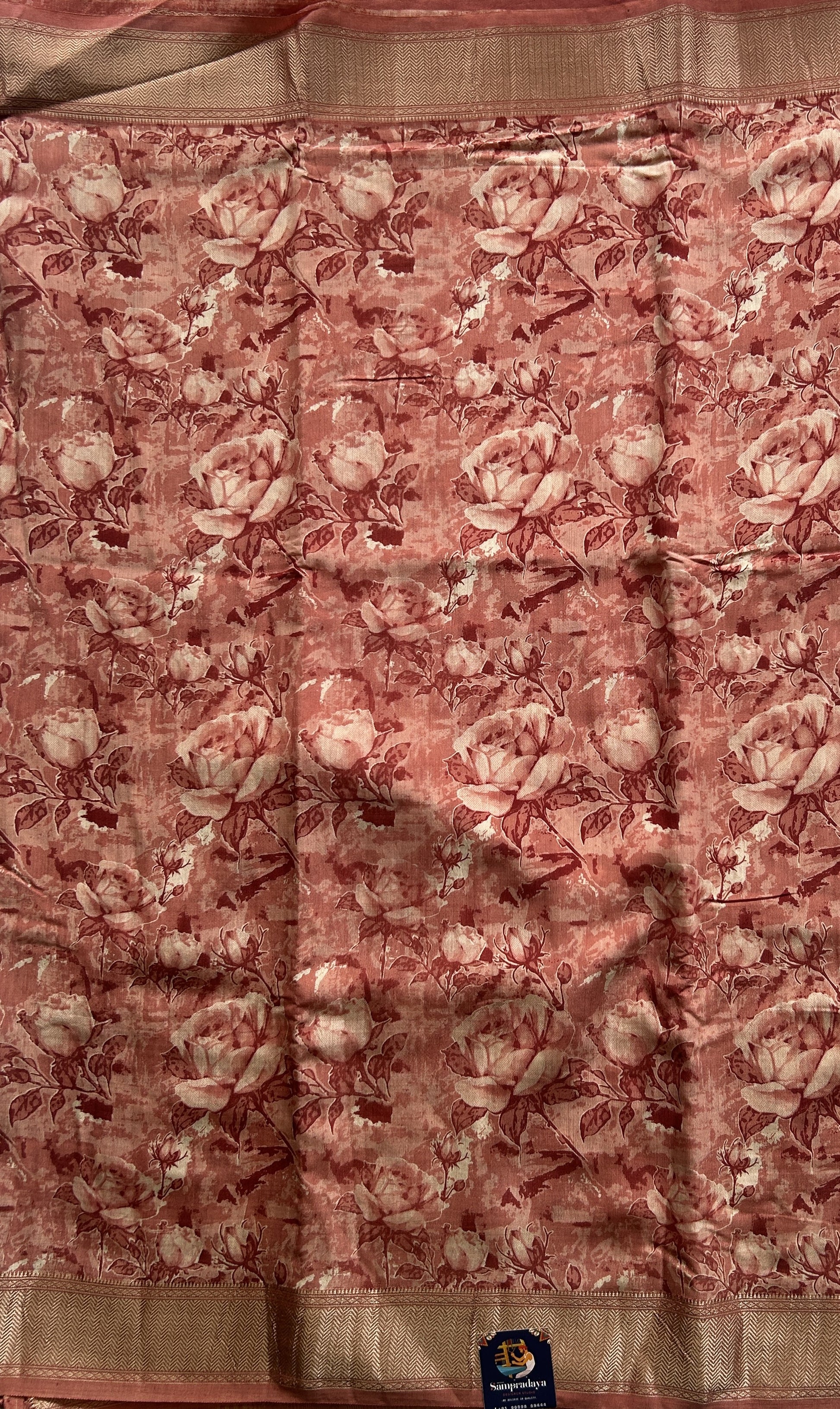 Dola Crepe Saree Light Brick Colored Elegantly Paired with a Zari Border. - Sampradaya Designer Studio