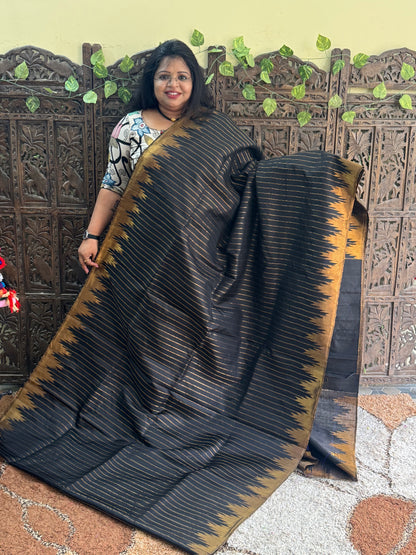 Black Gadwal Silk Saree with Gold Zari Border — Pure Handloom | Silk Mark Certified