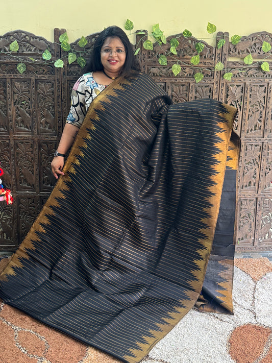 Black Gadwal Silk Saree with Gold Zari Border — Pure Handloom | Silk Mark Certified