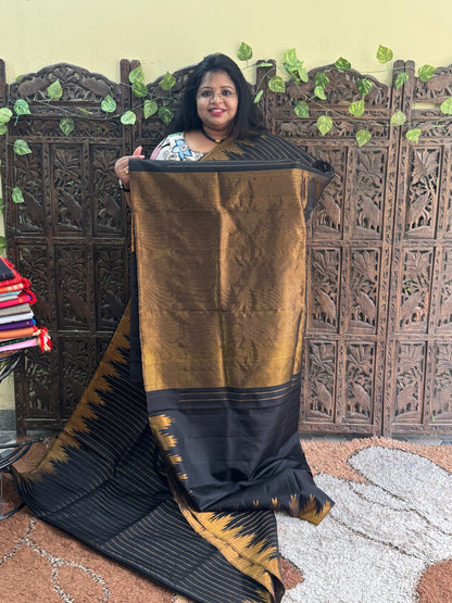 Black Gadwal Silk Saree with Gold Zari Border — Pure Handloom | Silk Mark Certified