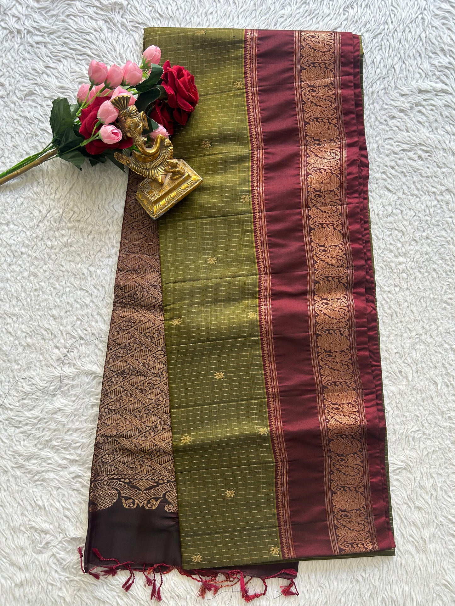 Kanjivaram Silk Saree - Green with Gold Zari Border ( Powerloom) | Affordable Luxury