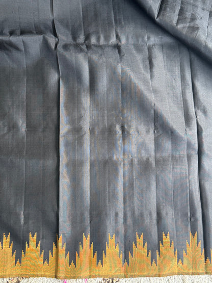 Black Gadwal Silk Saree with Gold Zari Border — Pure Handloom | Silk Mark Certified