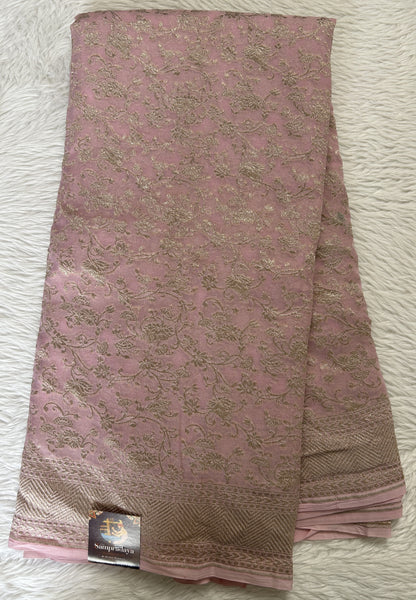 Banarasi Georgette Saree Baby Pink Colored Complemented with a Zari Border. - Sampradaya Designer Studio