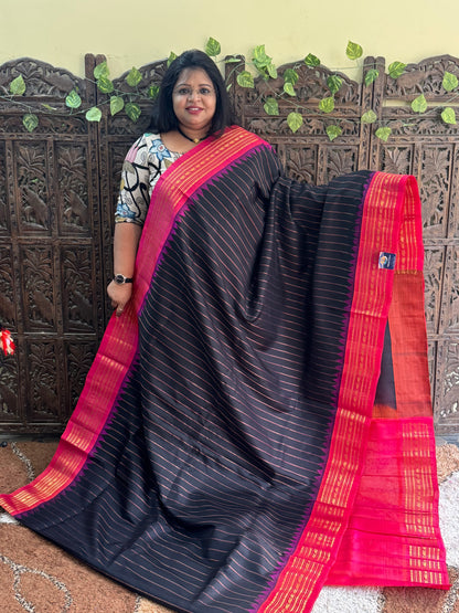 Black Gadwal Silk Saree with Gold Zari Border — Pure Handloom | Silk Mark Certified