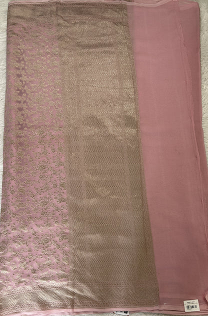 Banarasi Georgette Saree Baby Pink Colored Complemented with a Zari Border. - Sampradaya Designer Studio