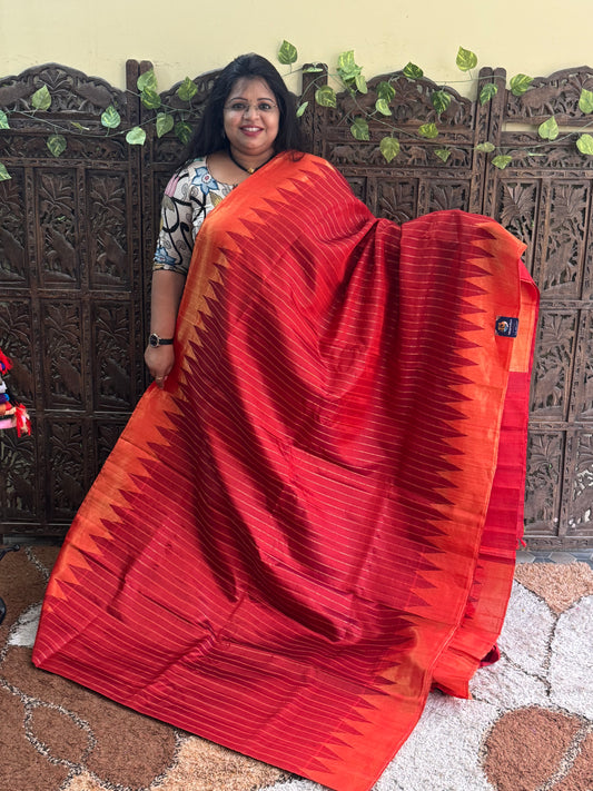 Red Gadwal Silk Saree with Gold Zari Border — Pure Handloom | Silk Mark Certified